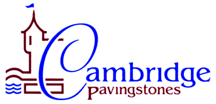 Logo of Cambridge Pavingstones featuring an illustration of a tower with a flag on top, stylized with wavy lines at the base. The word "Cambridge" is written in large blue letters with a prominent "C" and "pavingstones" in smaller maroon letters below. Perfect for those seeking quality paving stones in Nassau County.